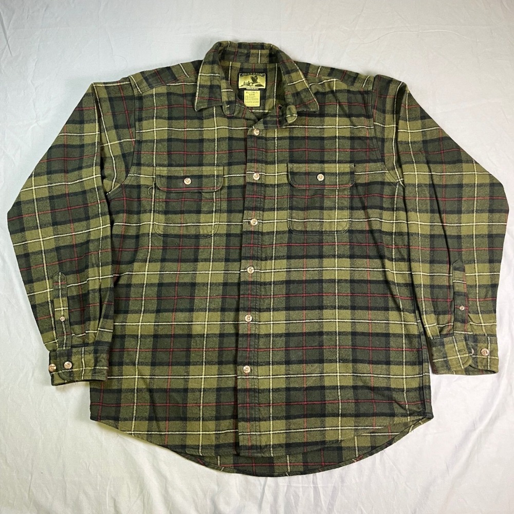 Field & Stream Mens XL Tall Flannel Shirt Olive Green Plaid Cotton Button Down